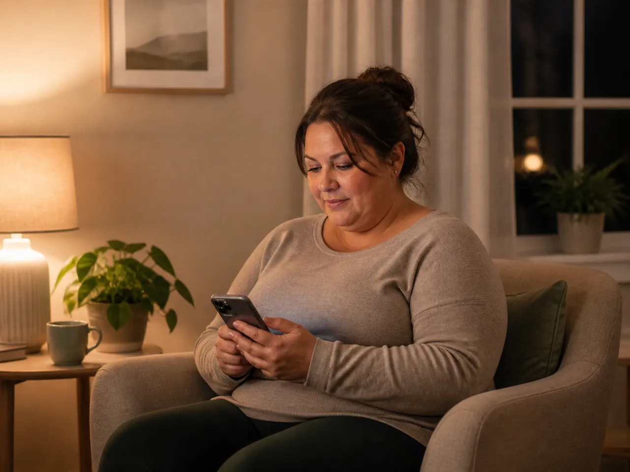 Žena používa mobilný telefón počas pokojného večera doma